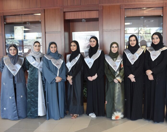 Zayed University Dubai campus Student Council members for the Academic Year 2023-2024 Manal Albastaki, Maryam Ibrahim, Rawdah Alhemeiri, Hend Karam, Maryam Alfalasi, Roudha Alyasi, Hamda Almazrouei, and Anood Almarzooqi pose for a photo while volunteering at the New Student Orientation Program on Aug. 22, 2023. (Courtesy ZU Student Council)